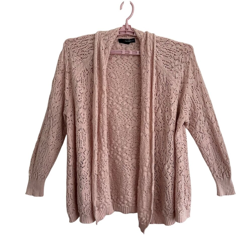 Pink Open-Front Lace Knit Cardigan Sweater 1X By Denim 24/7 Boho Cottagecore